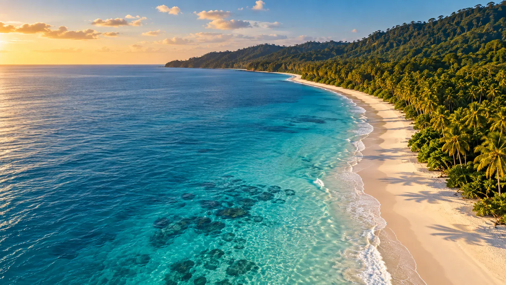 Aerial view of Radhanagar Beach, Havelock Island: white sand curve, turquoise sea and palm trees under golden late-afternoon light