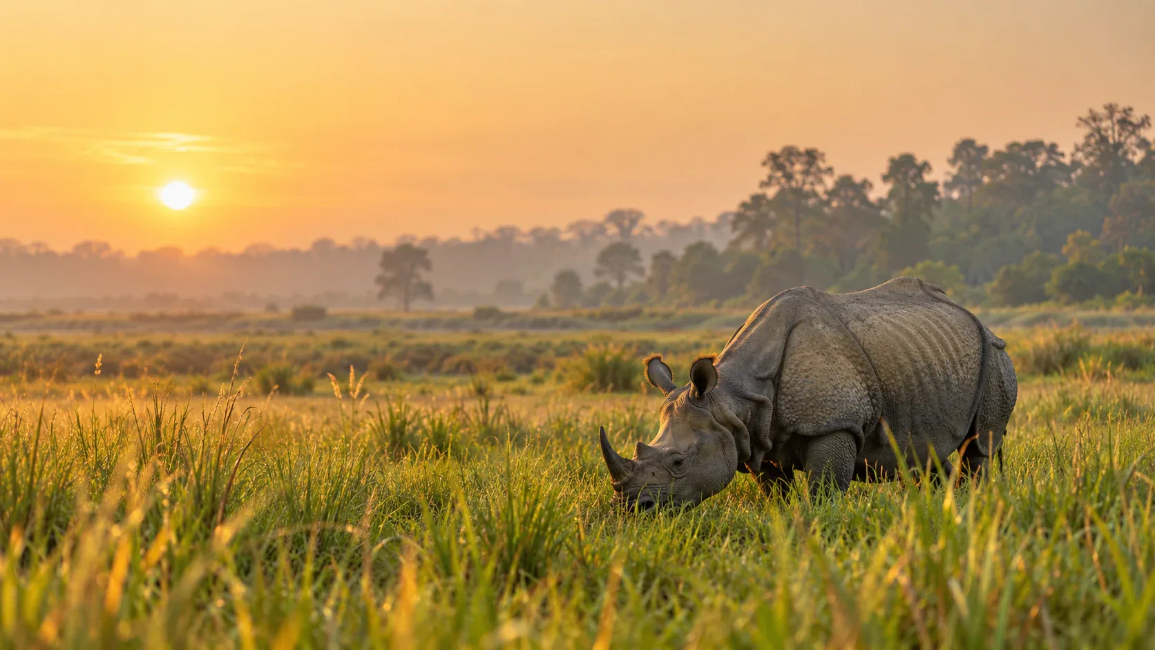 One-horned rhinoceros grazing Kaziranga grassland at golden hour, warm light, open landscape